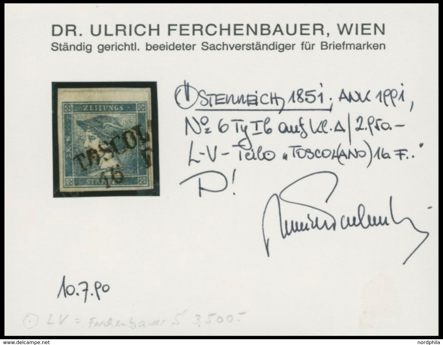 ÖSTERREICH BIS 1867 6I BrfStk, 1852, 0.6 Kr. Blau, Type Ib, L2 TOSCOL(ANO) Auf Knappem Briefstück, Pracht, Fotobefund Dr - Used Stamps