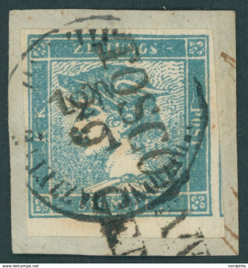 ÖSTERREICH BIS 1867 6Iy BrfStk, 1851, 0.6 Kr. Blau, Geripptes Papier, Doppelentwertung (K1 Und L2), Voll-überrandig, Pra - Gebruikt