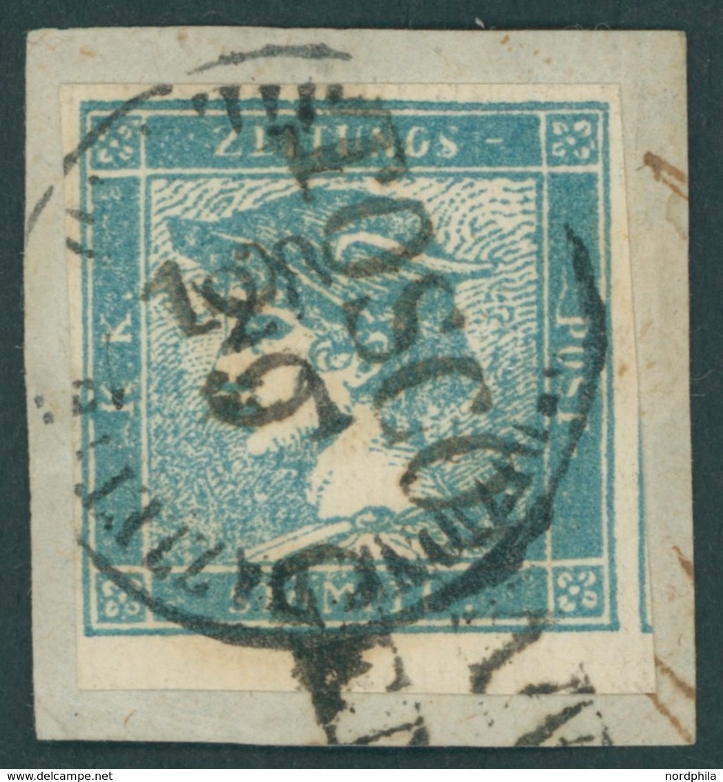 ÖSTERREICH BIS 1867 6Iy BrfStk, 1851, 0.6 Kr. Blau, Geripptes Papier, Doppelentwertung (K1 Und L2), Voll-überrandig, Pra - Usati