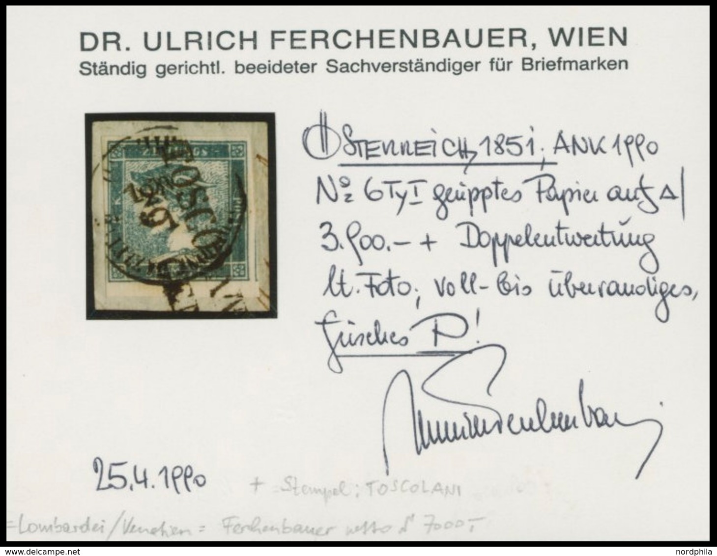 ÖSTERREICH BIS 1867 6Iy BrfStk, 1851, 0.6 Kr. Blau, Geripptes Papier, Doppelentwertung (K1 Und L2), Voll-überrandig, Pra - Oblitérés