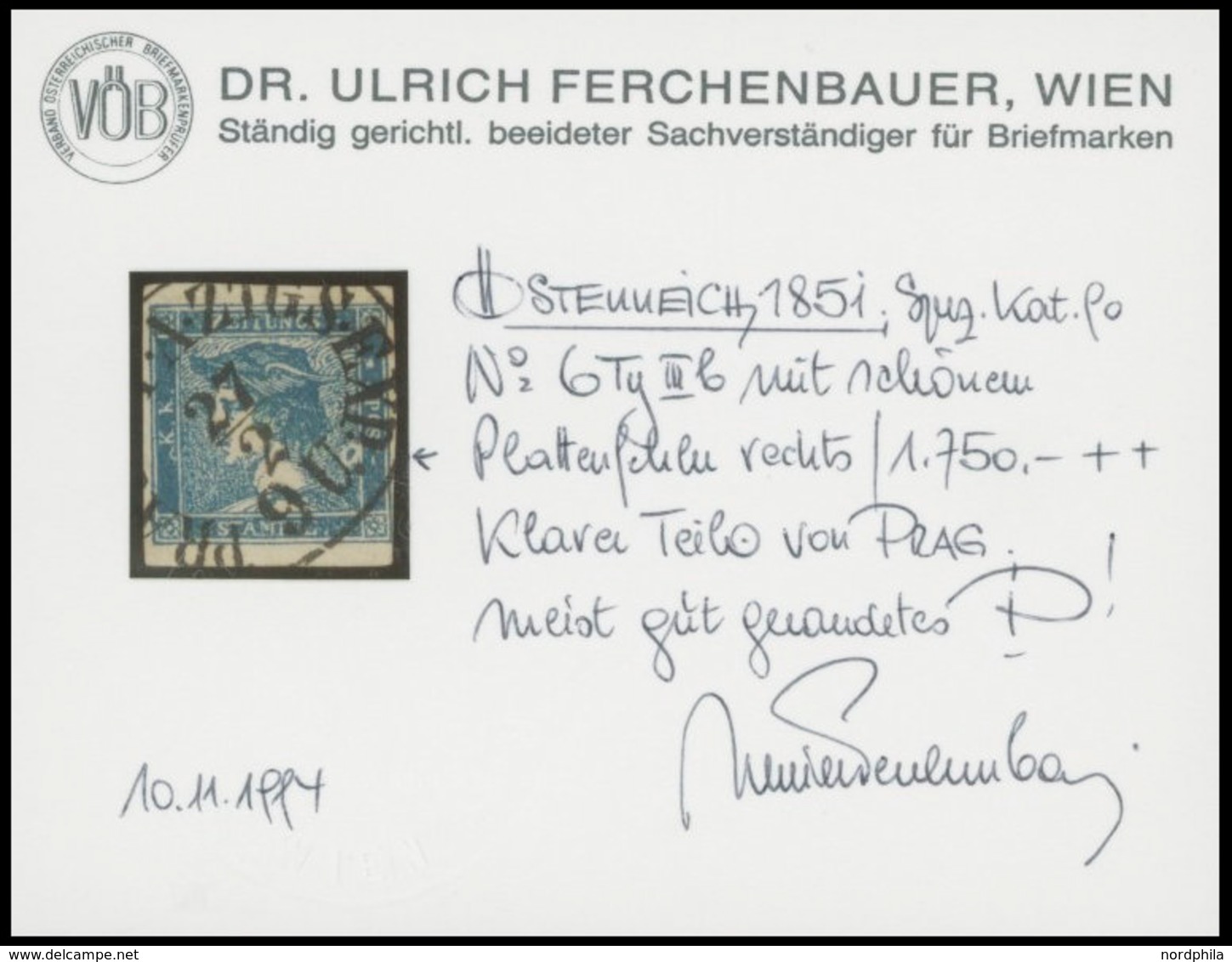 ÖSTERREICH BIS 1867 6II O, 1851, 0.6 Kr. Blau, Type IIIb, Mit Plattenfehler Größerer Weißer Farbfleck Rechts, Pracht, Fo - Used Stamps