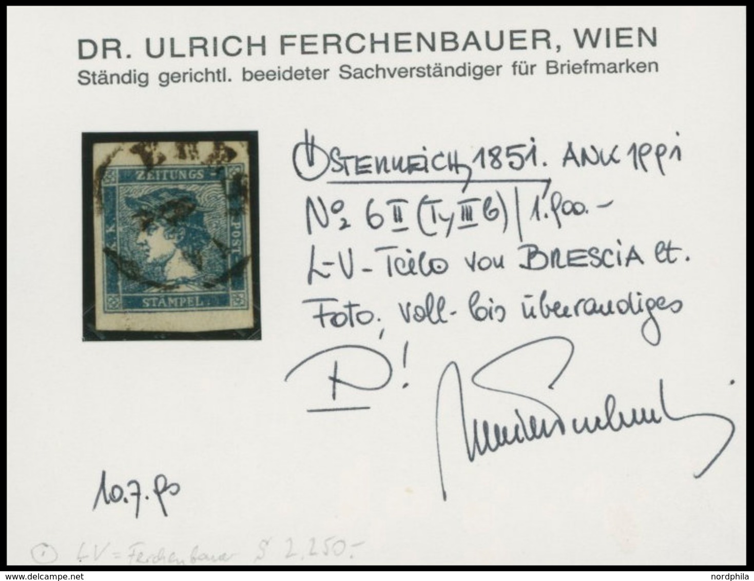 ÖSTERREICH BIS 1867 6II O, 1851, 0.6 Kr. Blau, Type IIIb, K1 BRES(CIA), Voll-überrandig, Pracht, Fotobefund Dr. Ferchenb - Gebruikt