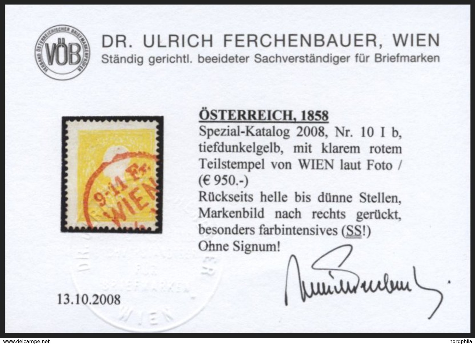 ÖSTERREICH 10Ib O, 1858, 2 Kr. Tiefdunkelgelb, Type I, Roter Stempel WIEN, Helle Stellen Sonst Pracht, Fotobefund Dr. Fe - Usados