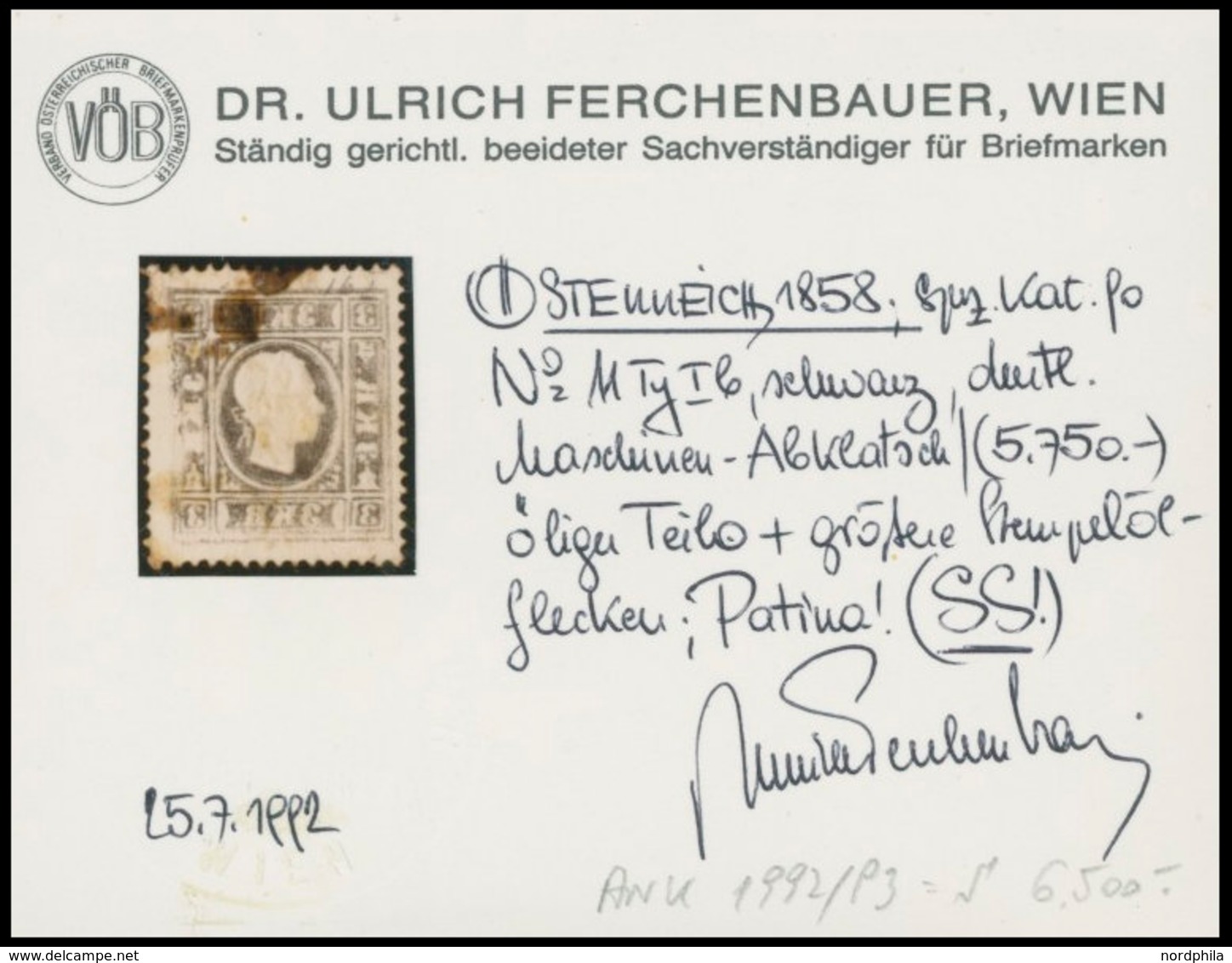 ÖSTERREICH BIS 1867 11Ib O, 1858, 3 Kr. Schwarz, Type Ib, Mit Deutlichem Maschinenabklatsch, Pracht, Fotoattest Dr. Ferc - Usados