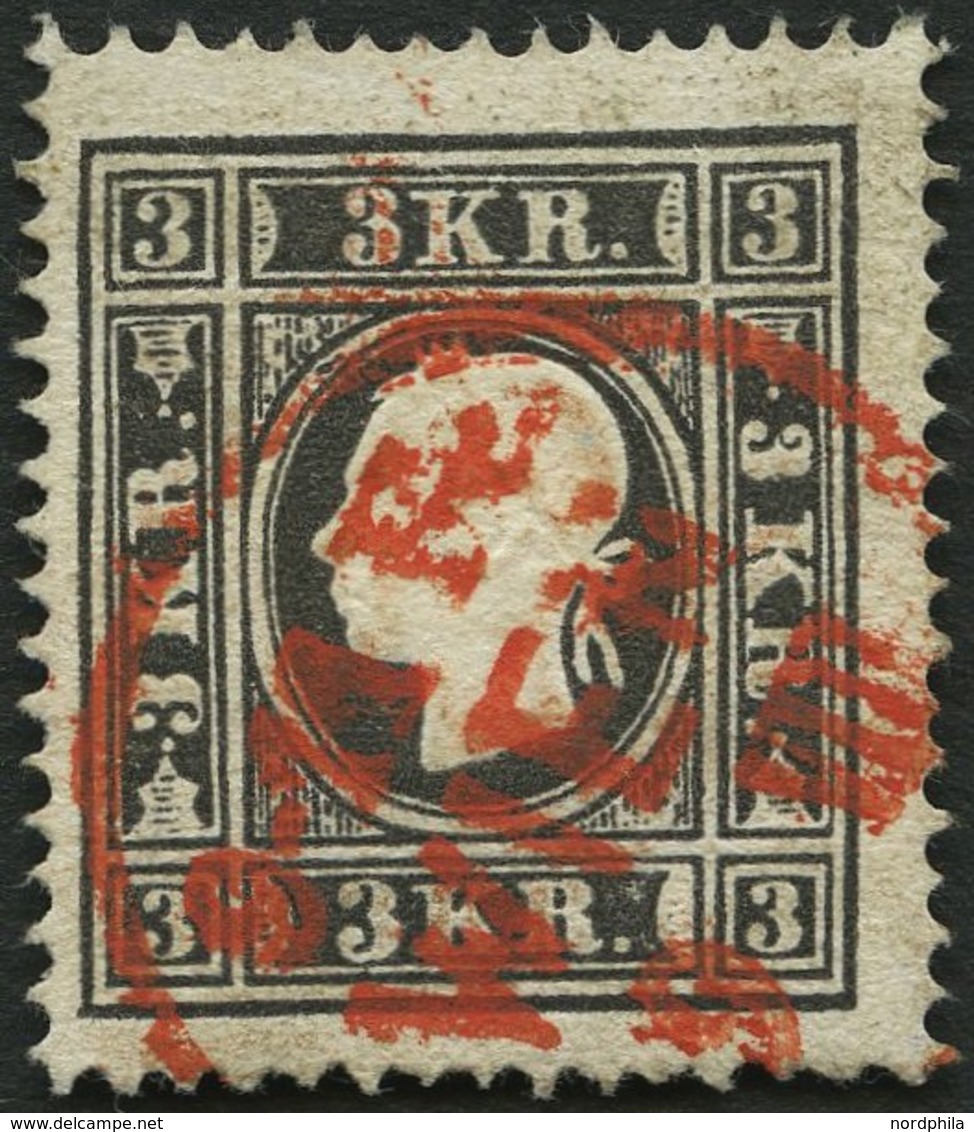 ÖSTERREICH 11II O, 1858, 3 Kr. Schwarz, Type II, Roter K1 WIEN, Pracht, Fotobefund Dr. Ferchenbauer - Usados