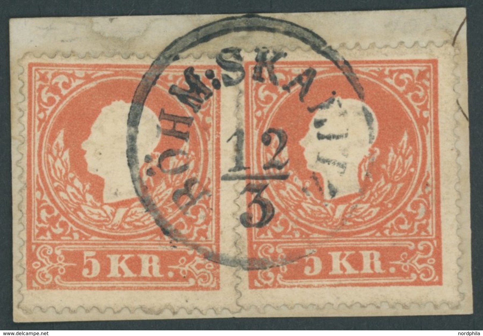 ÖSTERREICH BIS 1867 13I BrfStk, 1858, 5 Kr. Rot, Type I, 2x Auf Briefstück Mit K1 BÖHM:SKANITZ, Feinst - Usados