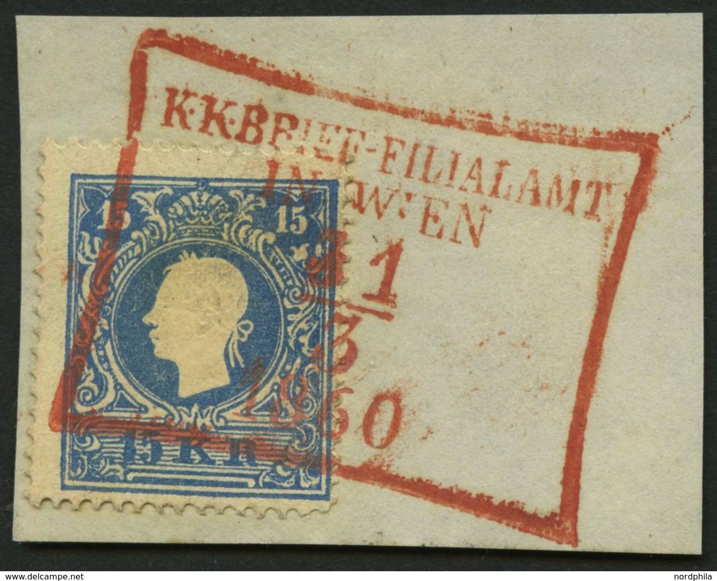 ÖSTERREICH 15II BrfStk, 1859, 15 Kr. Blau, Type II, Roter Stempel KK BRIEF-FILIALAMT IN WIEN, Kabinettbriefstück - Usados