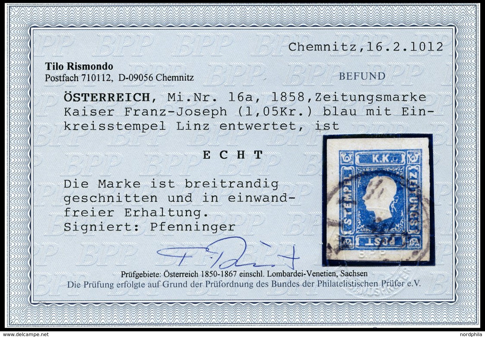 ÖSTERREICH 16a O, 1858, 1.05 Kr. Hellblau, K1 LINZ, Allseits Breitrandig, Kabinett, Gepr. Pfenninger Und Fotobefund Rism - Used Stamps