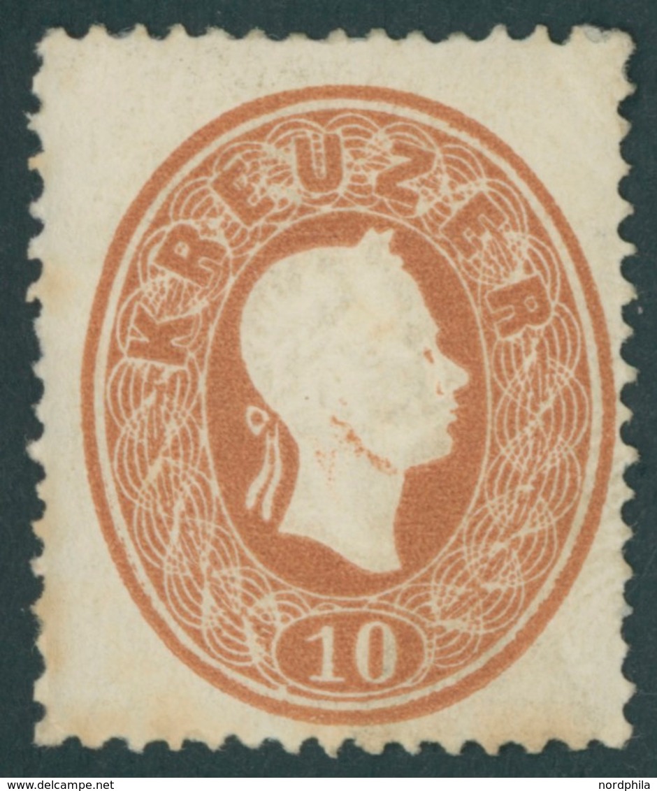 ÖSTERREICH BIS 1867 21 *, 1860, 10 Kr. Hellbraun, Mehrere Falzreste, Einige Zähne Etwas Fleckig, Feinst, Mi. 400.- - Used Stamps