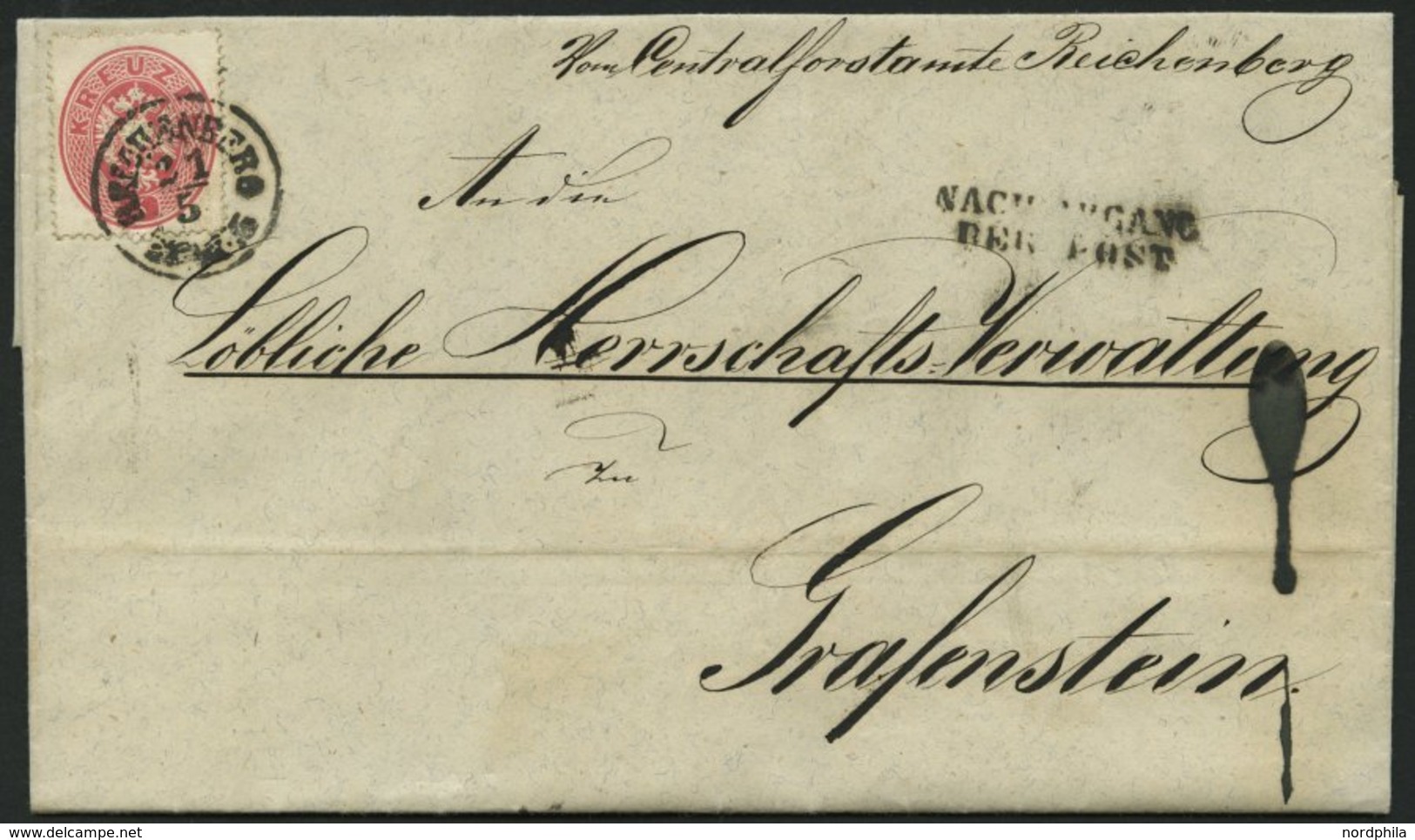 ÖSTERREICH 26 BRIEF, 1864, 5 Kr. Rosa Auf Brief Von REICHENBERG Nach Grafenstein, Mit L2 Nach Abgang Der Post, Pracht - Used Stamps
