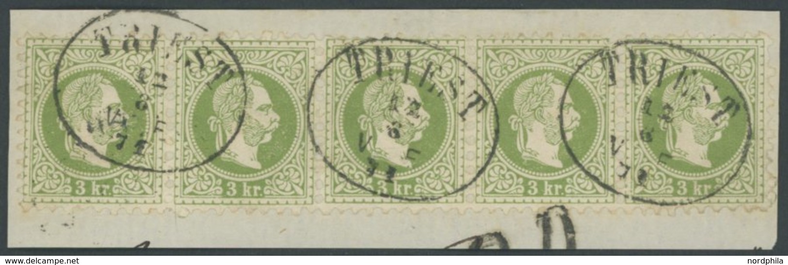 ÖSTERREICH 1867-1918 36I BrfStk, 1874, 3 Kr. Grün, Grober Druck, Im 5er-Streifen Auf Briefstück Mit K1 TRIEST Und Teilst - Used Stamps