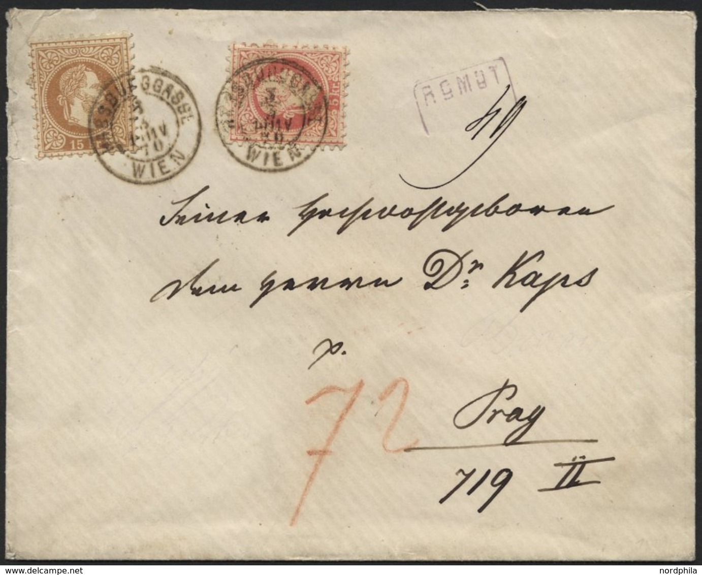 ÖSTERREICH 37I,39I BRIEF, 1870, 5 Kr. Karmin Und 15 Kr. Braun, Grober Druck, Auf Reco-Brief Mit K2 HABSBURGGASSE WIEN Na - Oblitérés