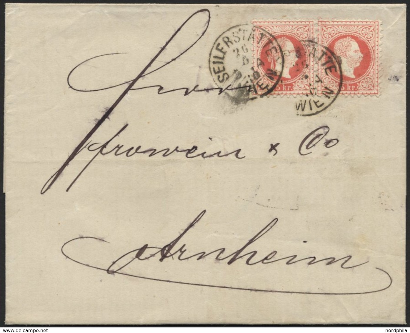 ÖSTERREICH 37II Paar BRIEF, 1880, 5 Kr. Rot, Feiner Druck, Im Waagerechten Paar Auf Brief Von SEILERSTATTE WIEN Nach Arn - Gebruikt