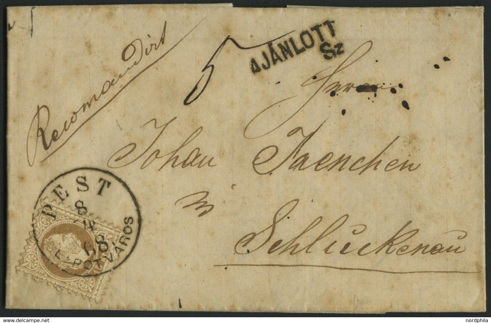 ÖSTERREICH 39I BRIEF, 1868, 15 Kr. Braun, Grober Druck, Auf Reco-Brief Mit Ungarischem K1 PEST LIROTVAROS Nach Schlucken - Gebruikt