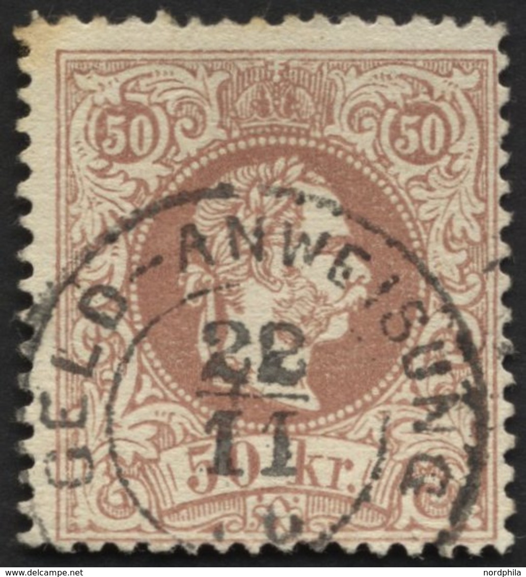 ÖSTERREICH 41Ia O, 1867, 50 Kr. Braun, Grober Druck, Geldanweisungsstempel, Stockiger Eckzahn Sonst Pracht, Fotobefund D - Usati