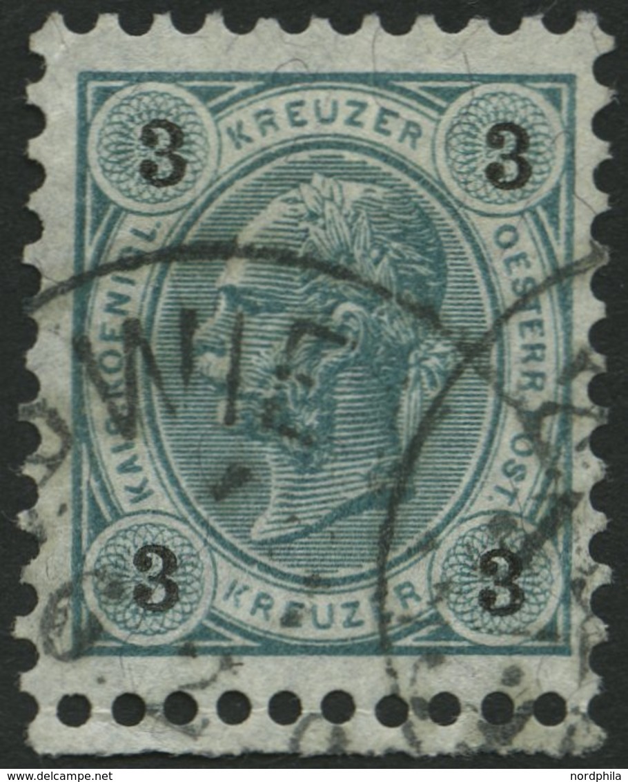 ÖSTERREICH 52 O, 1890, 3 Kr. Dunkelgrünblau/schwarz, Unten Mit Kleinem Anhängenden Bogenrand, Pracht - Usati