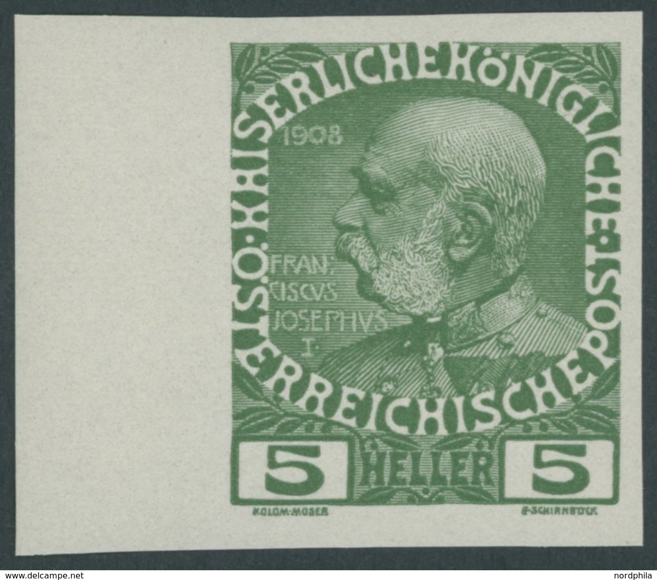 ÖSTERREICH 1867-1918 142U **, 1908, 5 H. Grün, Ungezähnt, Linkes Randstück, Pracht - Usati