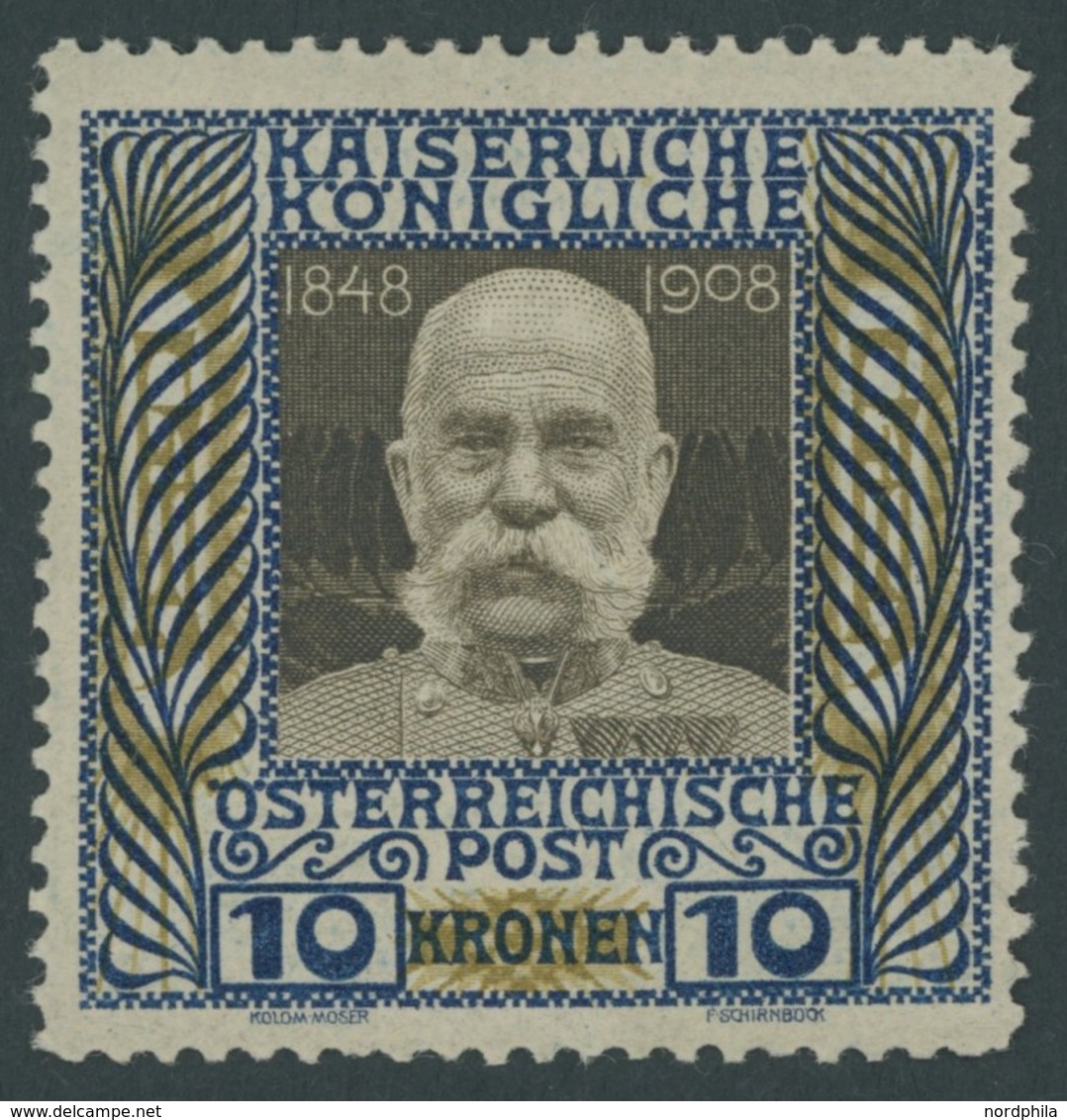 ÖSTERREICH 1867-1918 156 *, 1908, 10 Kr. Regierungsjubiläum, Falzrest, Pracht, Mi. 280.- - Gebruikt