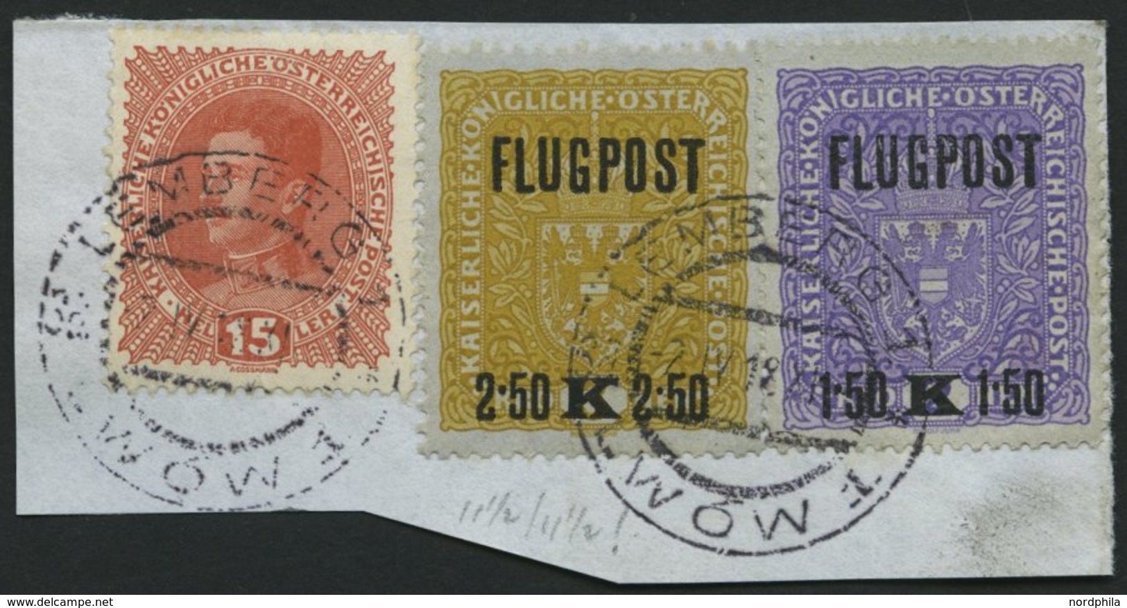 ÖSTERREICH 226xB BrfStk, 1918, 2.50 K. Flugpost, Gezähnt L 111/2, Mit Zusatzfrankatur Auf Briefstück, Pracht, R!, Mi. (1 - Oblitérés