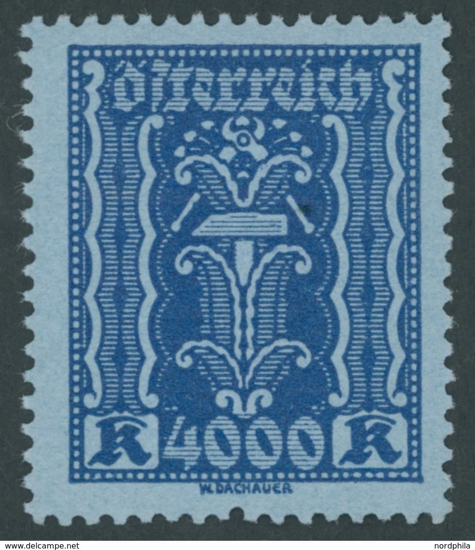 ÖSTERREICH 1918-1938 397vL **, 2924, 4000 Kr. Violettultramarin Auf Hellgrünlichblau Mit Unten Versetztem Zahnloch, Post - Altri & Non Classificati