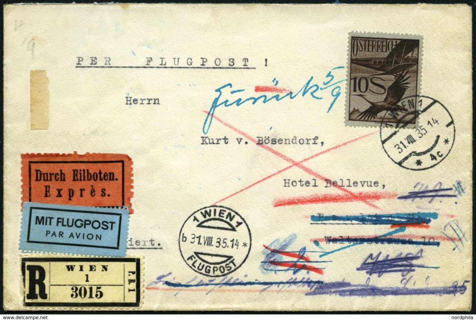 ÖSTERREICH 487 BRIEF, 1935, 10 S. Flugpost Auf Interessantem Luftpost Eil-Einschreibbrief Nach Berlin Mit Zahlreichen Re - Autres & Non Classés