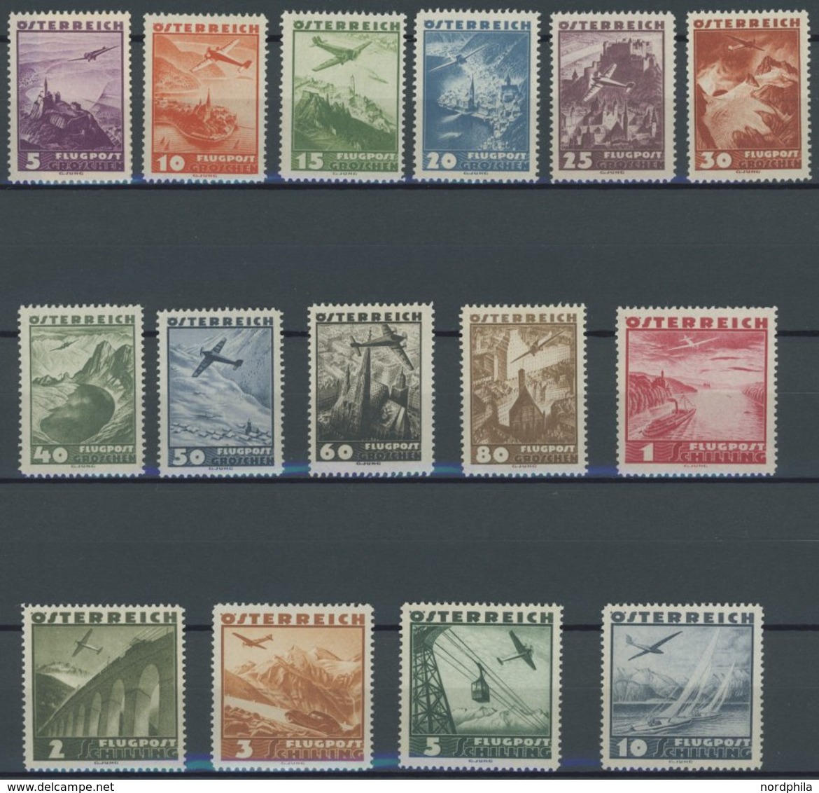 ÖSTERREICH 1918-1938 598-612 **, 1935, Flugzeug über Landschaften, Postfrischer Prachtsatz, Mi. 190.- - Autres & Non Classés