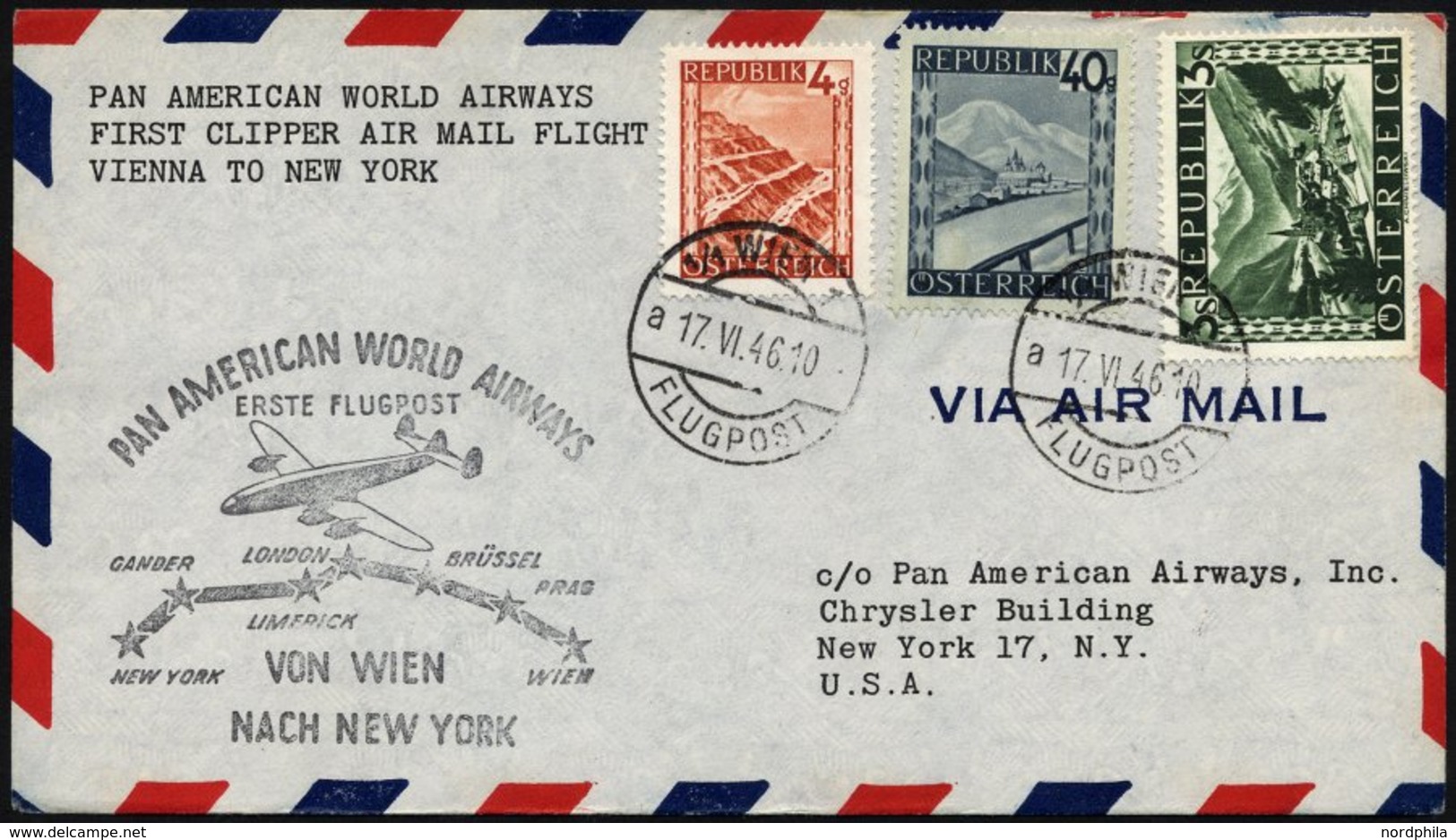 ÖSTERREICH 739,757,769I BRIEF, 17.6.1946, 4, 40 G. Und 3 S. Landschaften Auf PAA-Erstflug WIEN-NEW YORK Mit Lockheed Con - Altri & Non Classificati