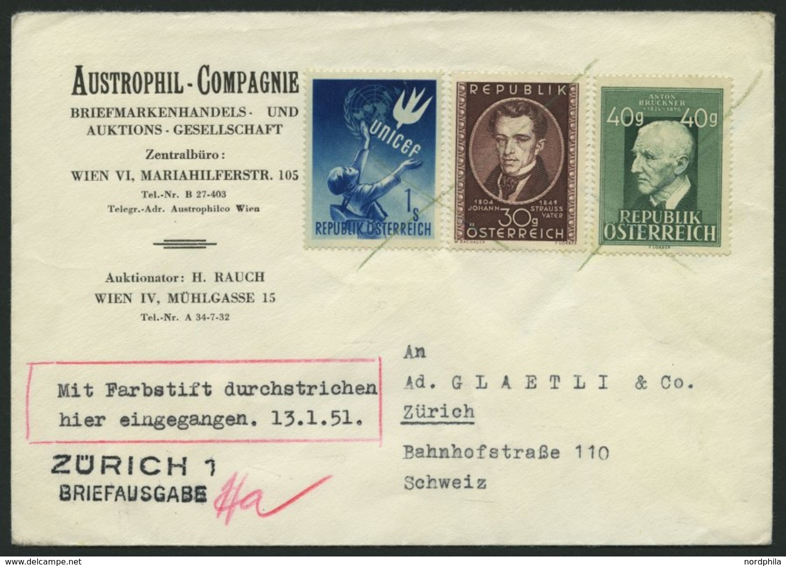 ÖSTERREICH 933,941/2 BRIEF, 1951, 40 G. Bruckner Mit Zusatzfrankatur Auf Firmenbrief Von WIEN Nach Zürich, Mit Grünem St - Altri & Non Classificati