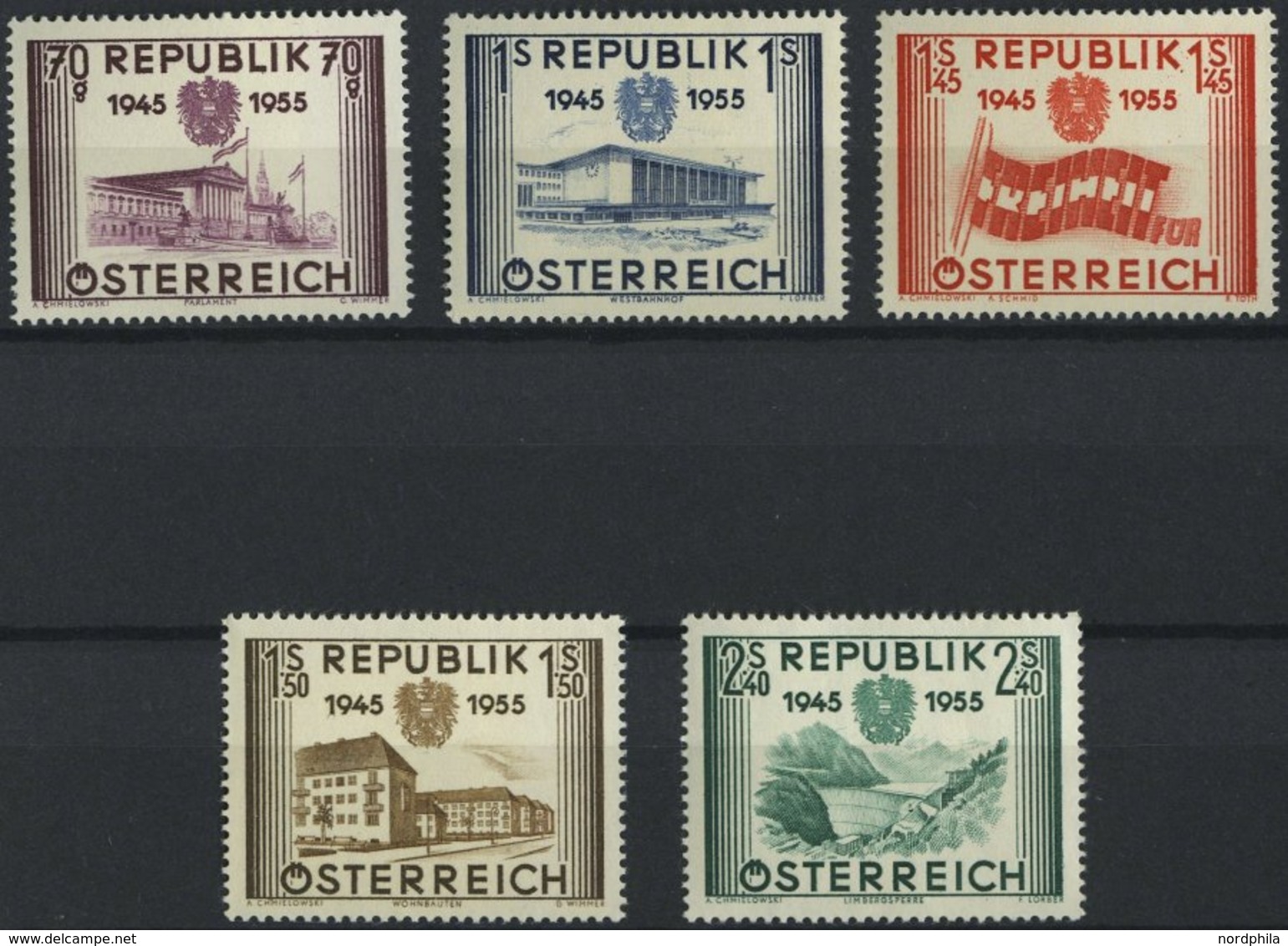 ÖSTERREICH 1012-16 **, 1955, Unabhängigkeit, Prachtsatz, Mi. 60.- - Used Stamps