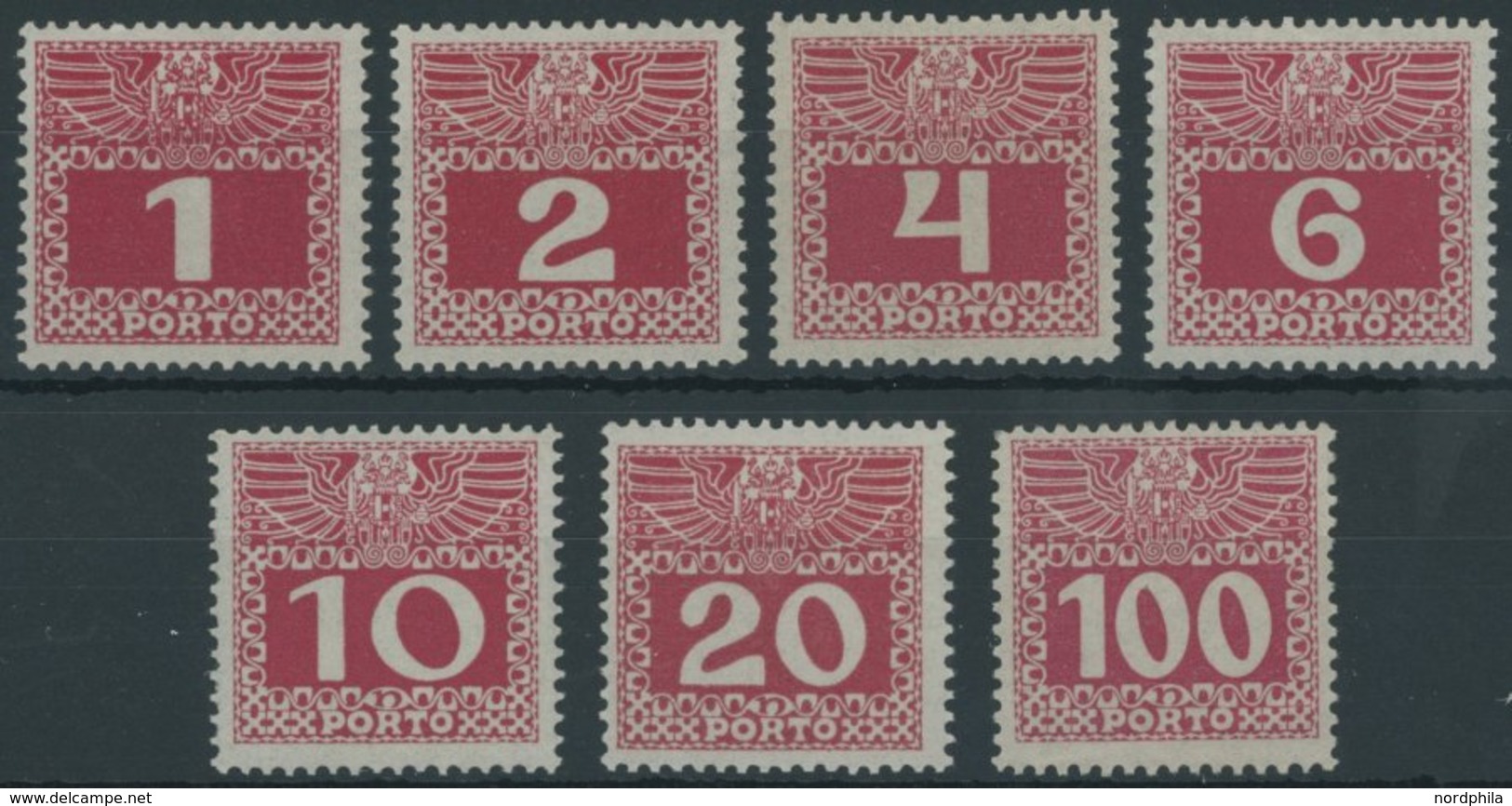 PORTOMARKEN P 34-44y **, 1909, 1 - 100 H. Lebhaftlilarot, Dünnes Papier, Postfrischer Prachtsatz (7 Werte), Mi. 550.- - Taxe