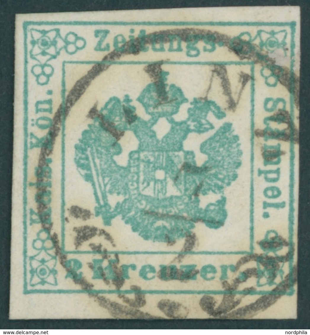 ZEITUNGSSTEMPELMARKEN 1Ia O, 1853, 2 Kr. Blaugrün, Type I, K1 LINZ, Pracht, Mi. 100.- - Newspapers
