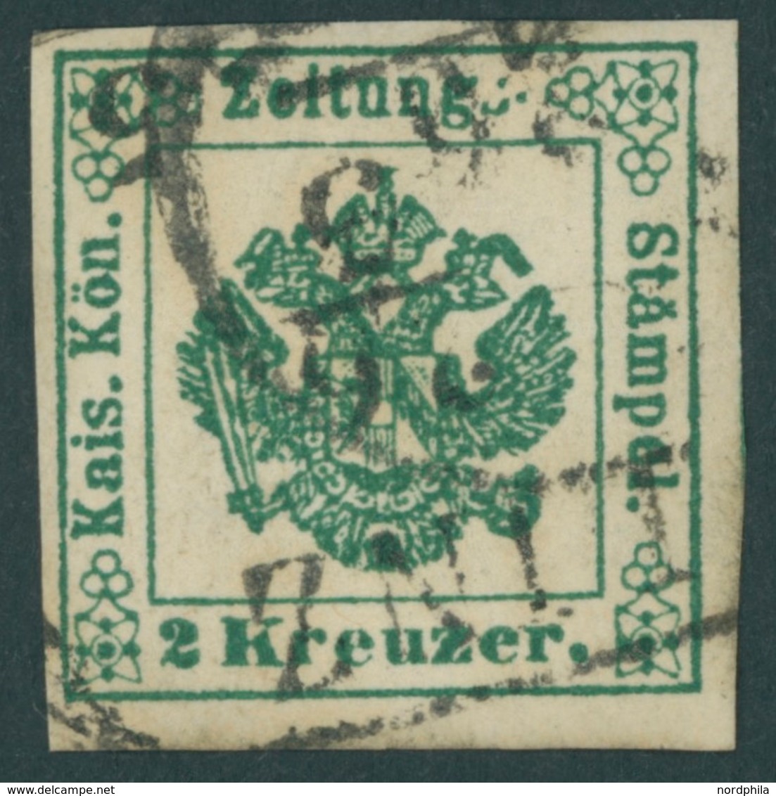 ZEITUNGSSTEMPELMARKEN 1IIc O, 1853, 2 Kr. Grün, Type II, Pracht, Mi. 85.- - Dagbladen