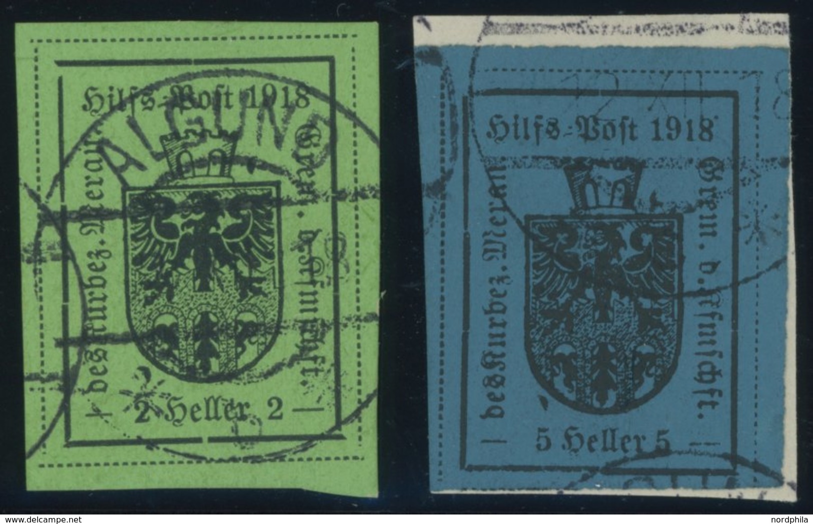 HILFSPOST MERAN 4,5Ia O,BrfStk , 1918, 2 H. Schwarz Auf Hellgrün Und 5 H. Schwarz Auf Dunkelblau, 1. Auflage, 2 Prachtwe - Merano