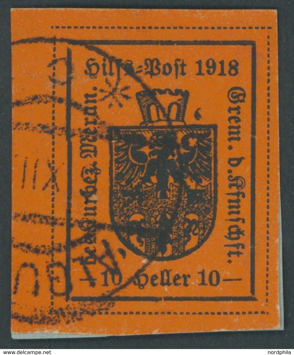 HILFSPOST MERAN 6Ib BrfStk, 1918, 10 H. Schwarz Auf Ziegelrot, 1. Auflage, Prachtbriefstück, Mi. 400.- - Merano