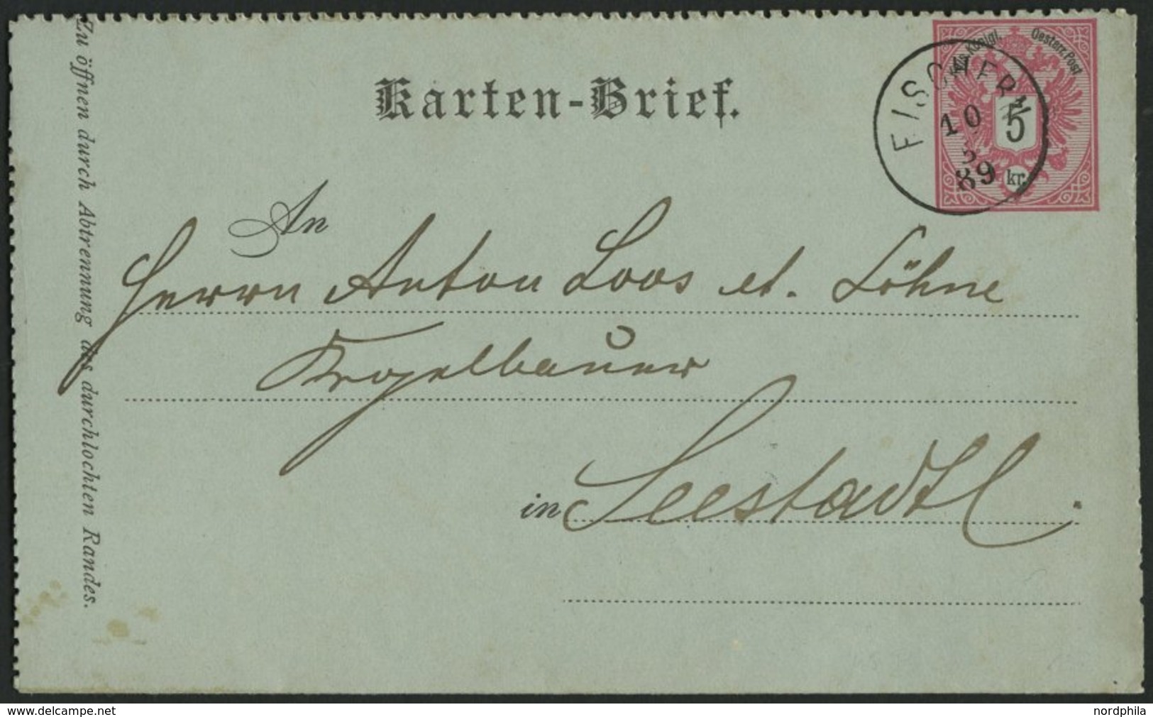 GANZSACHEN K 8 BRIEF, 1889, 5 Kr. Rosa, Kartenbrief (deutsch) Mit K1 FISCHERN Nach Seestadt, Pracht - Autres & Non Classés