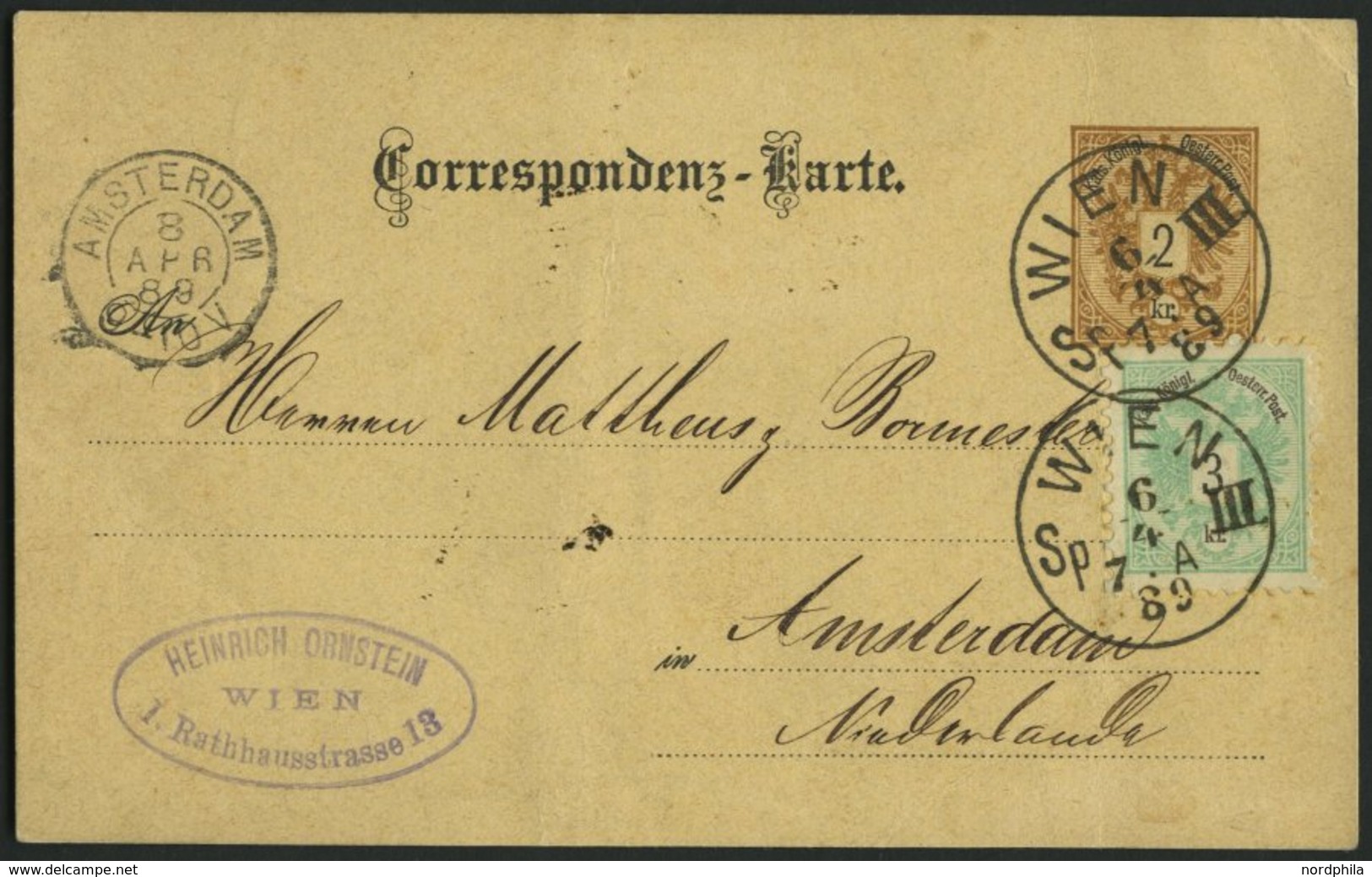 GANZSACHEN P 43,45 BRIEF, 1889, 2 Kr. Braun, Karte (deutsch) Mit Zusatzfrankatur 3 Kr. Doppeladler Von WIEN III Nach Ams - Otros & Sin Clasificación