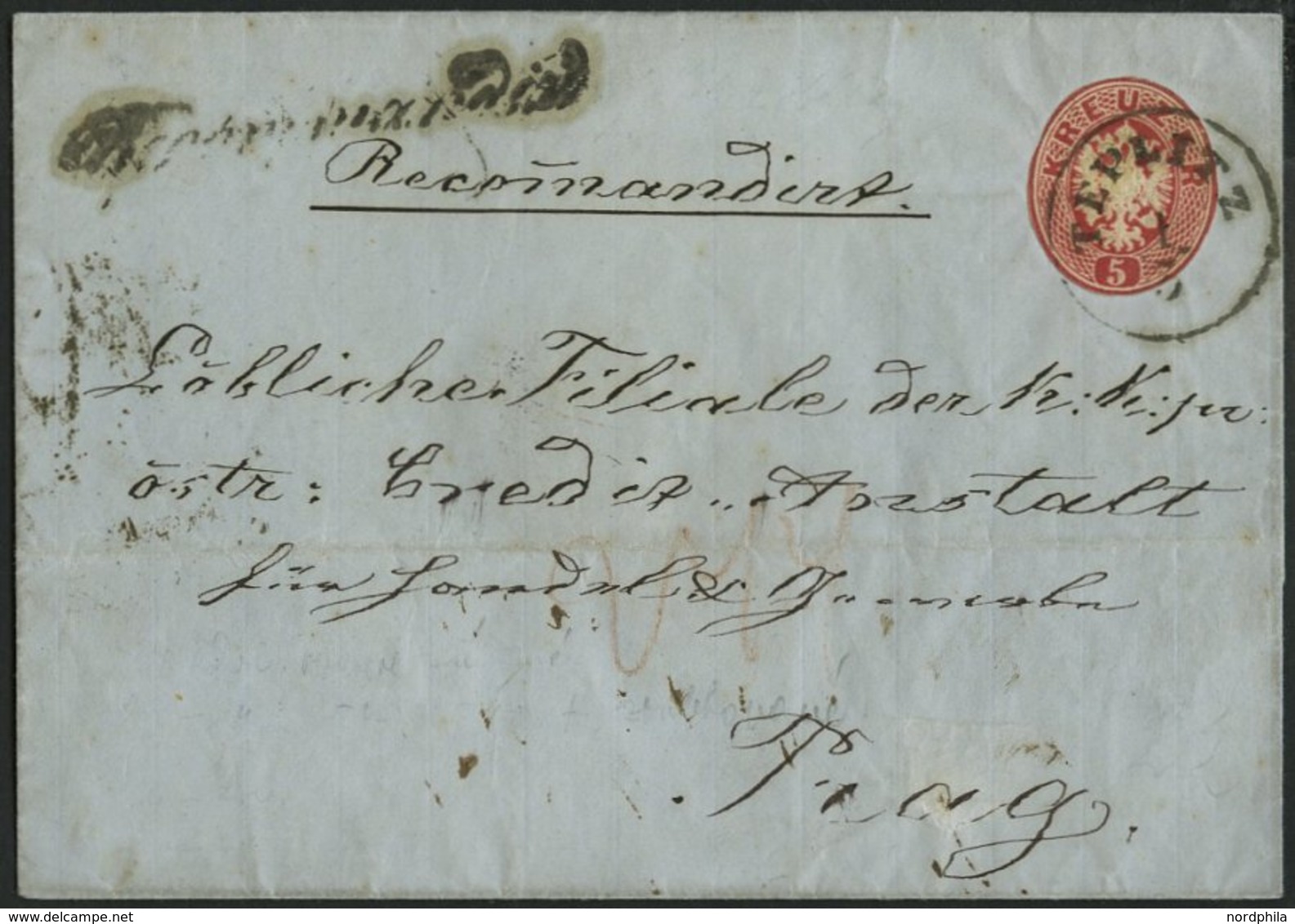 GANZSACHEN U 18GAA,32 BRIEF, 1865, 5 Kr. Rot Ganzsachenausschnitt (oval Geschnitten) Und Rückseitiges Reco-Porto 5 Kr. R - Altri & Non Classificati