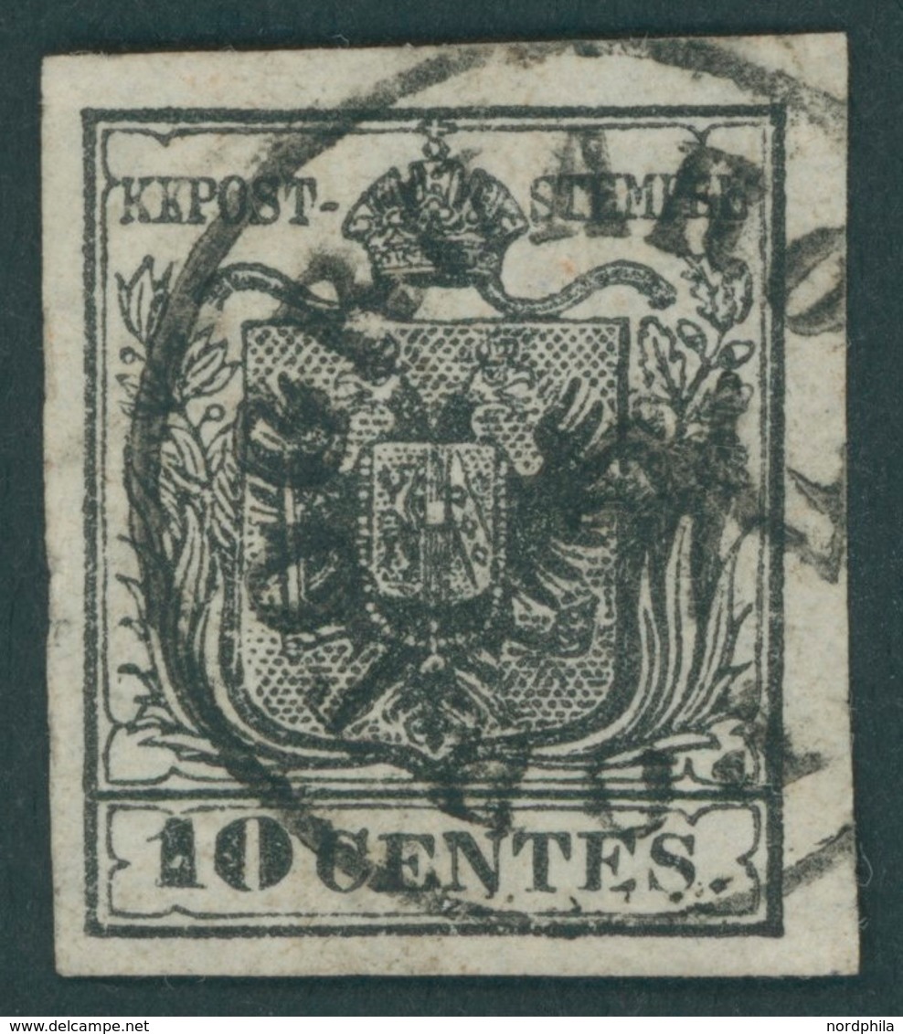 LOMBARDEI UND VENETIEN 2Xa O, 1850, 10 C. Schwarz, Handpapier, Type Ia, K1 PORTOGRUARO, Bugspur Sonst Pracht, Fotobefund - Lombardo-Vénétie