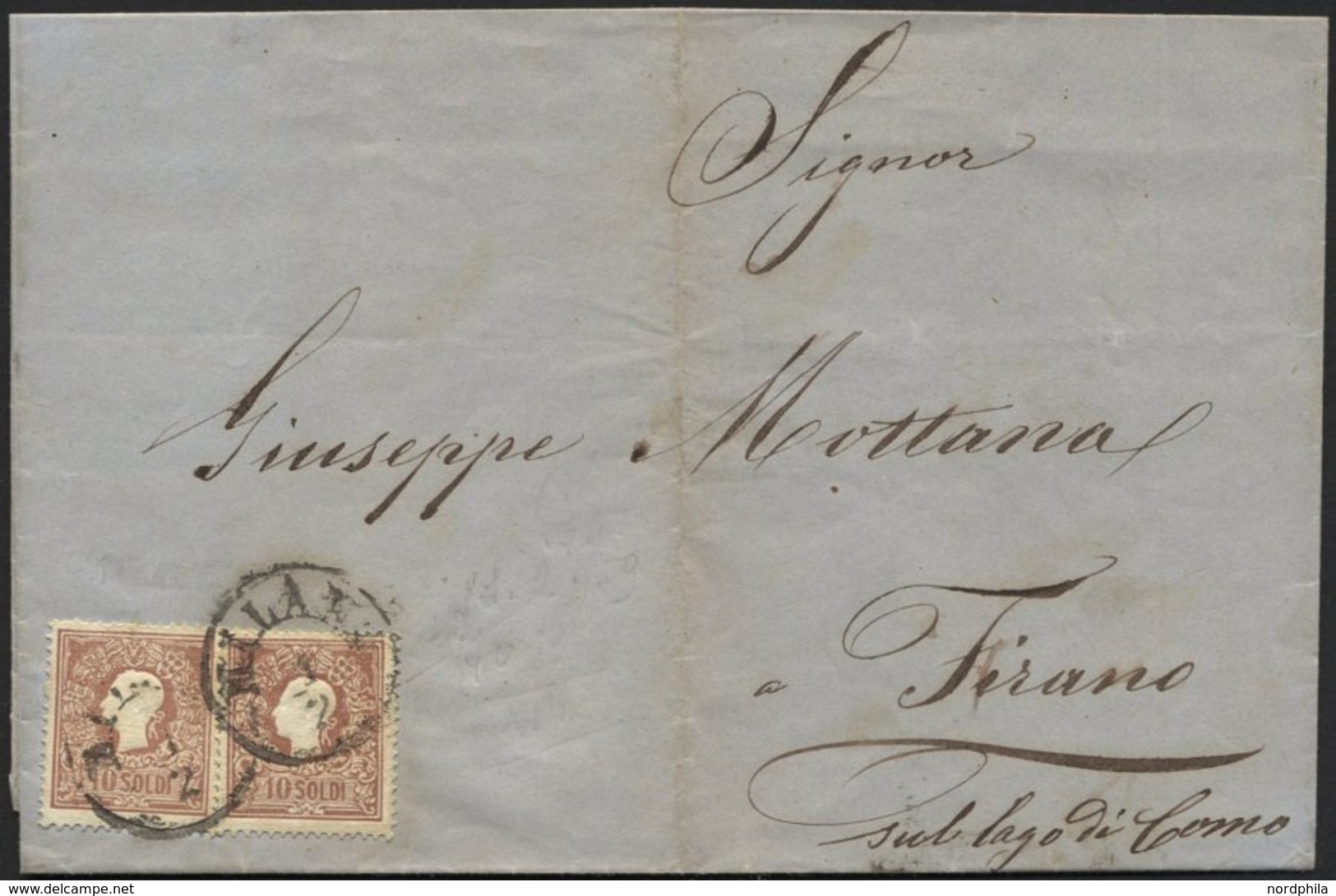 LOMBARDEI UND VENETIEN 10I BRIEF, 1858, 10 So. Lilabraun, Type I, 2x Auf Briefhülle (1x Gefaltet) Von MILANO Nach Tirano - Lombardije-Venetië