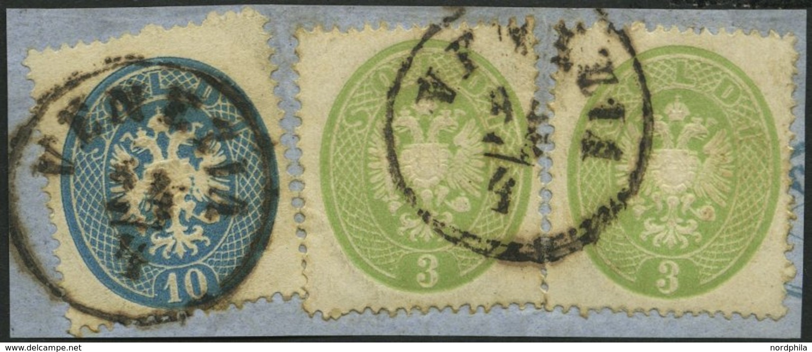 LOMBARDEI UND VENETIEN 15,17 BrfStk, 1863, 3 So. Grün (2x) Und 10 So. Blau Auf Prachtbriefstück, K1 VENEZIA, Gepr. Dr. F - Lombardo-Vénétie