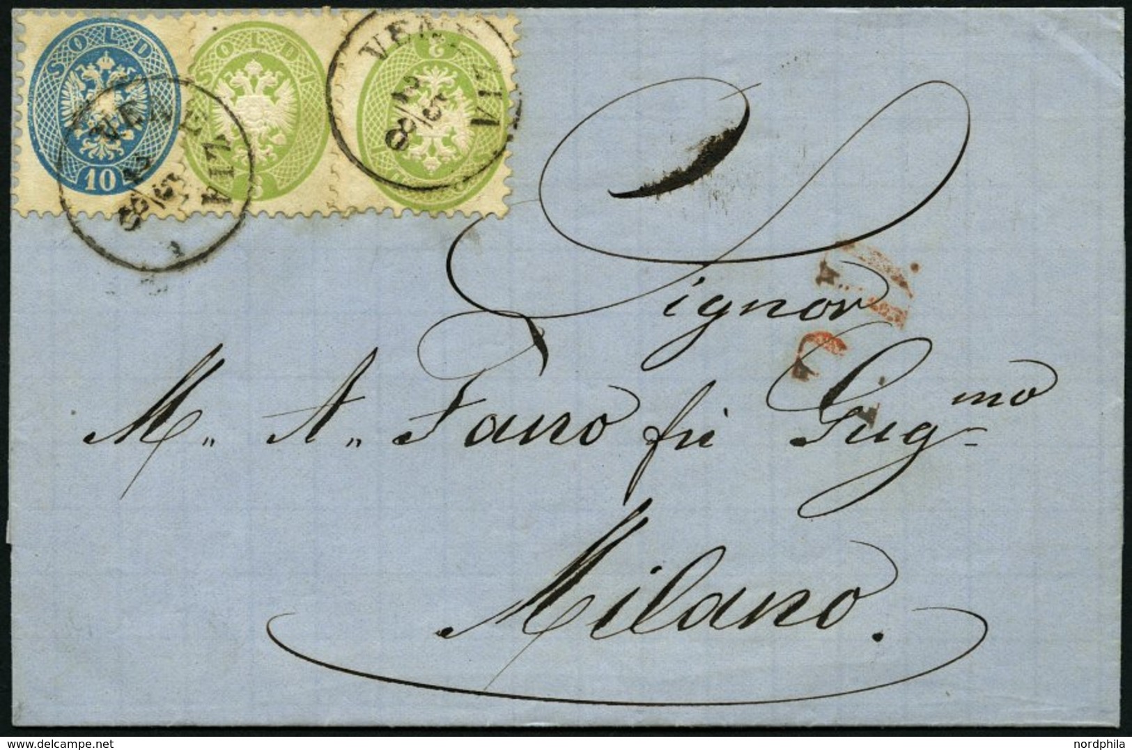 LOMBARDEI UND VENETIEN 20,22 BRIEF, 1864, 3 So. Grün, 2x Und 10 So. Blau Auf Brief Von VENEZIA Nach Mailand, Pracht - Lombardo-Veneto