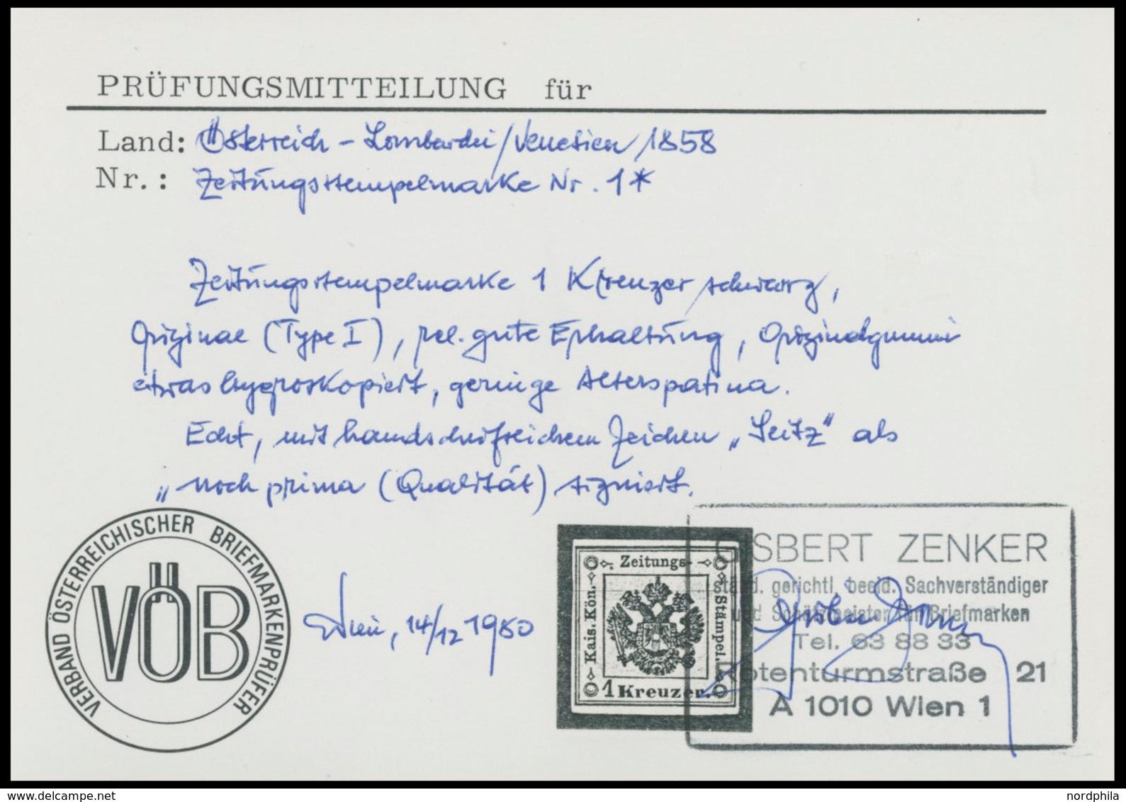 LOMBARDEI UND VENETIEN Z 1 *, Zeitungsstempelmarken: 1859, 1 Kr. Schwarz, Falzrest, Minimale Alterspatina, Pracht, Signi - Lombardy-Venetia