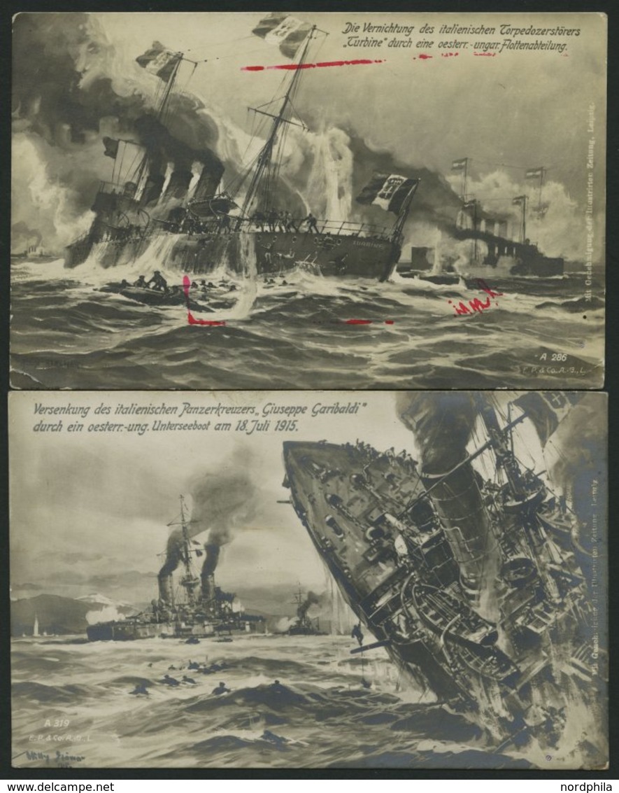 FELDPOST 1915, 2 Verschiedene Künstlerkarten, Kriegsszenen Auf See Mit Beteiligung Der österreich-ungarischen Flotte, Ei - Autres & Non Classés