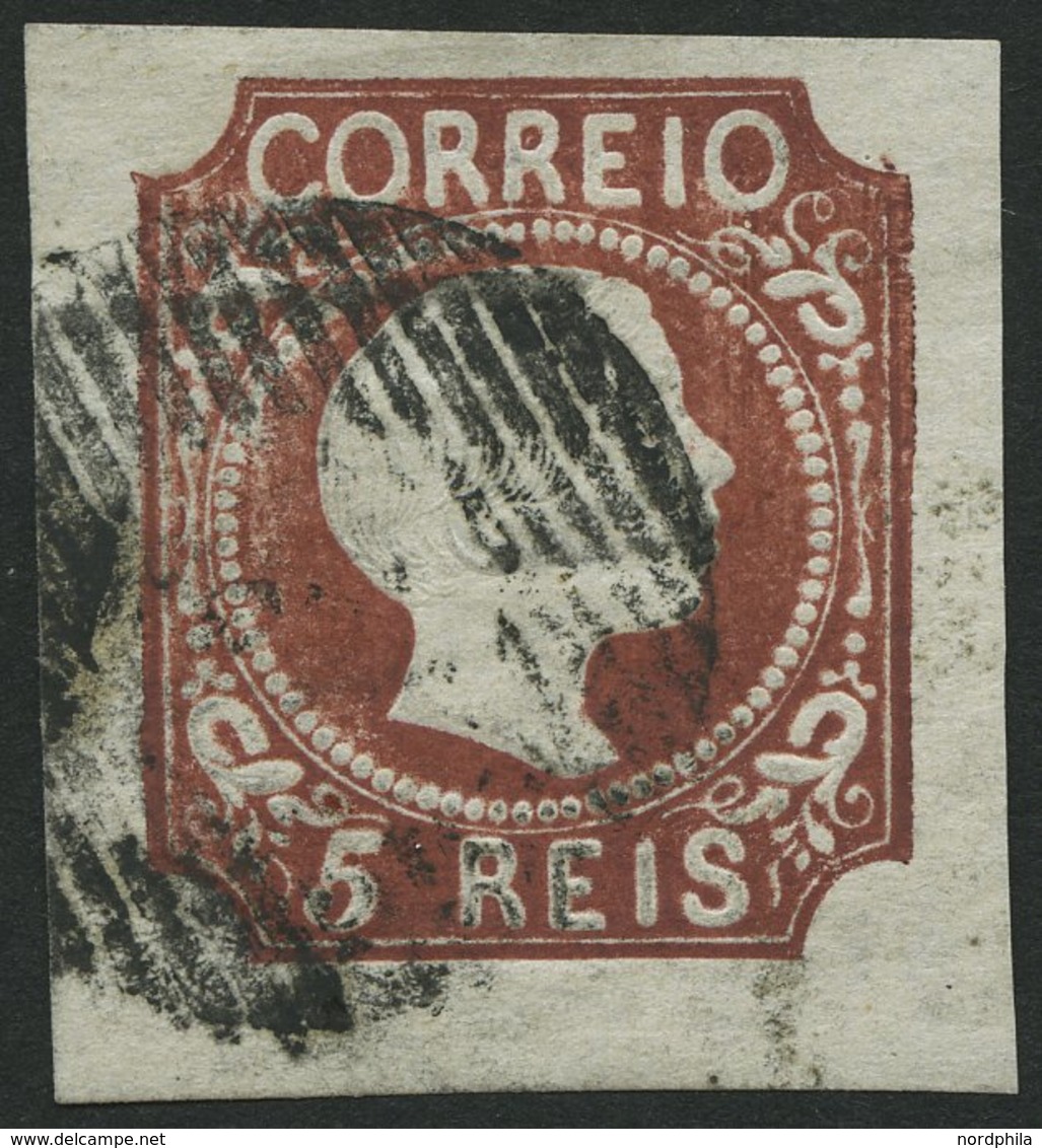 PORTUGAL 5 O, 1855, 5 R. Rotbraun, Glattes Haar, Breitrandig, Pracht, Mi. 1200.- - Usati