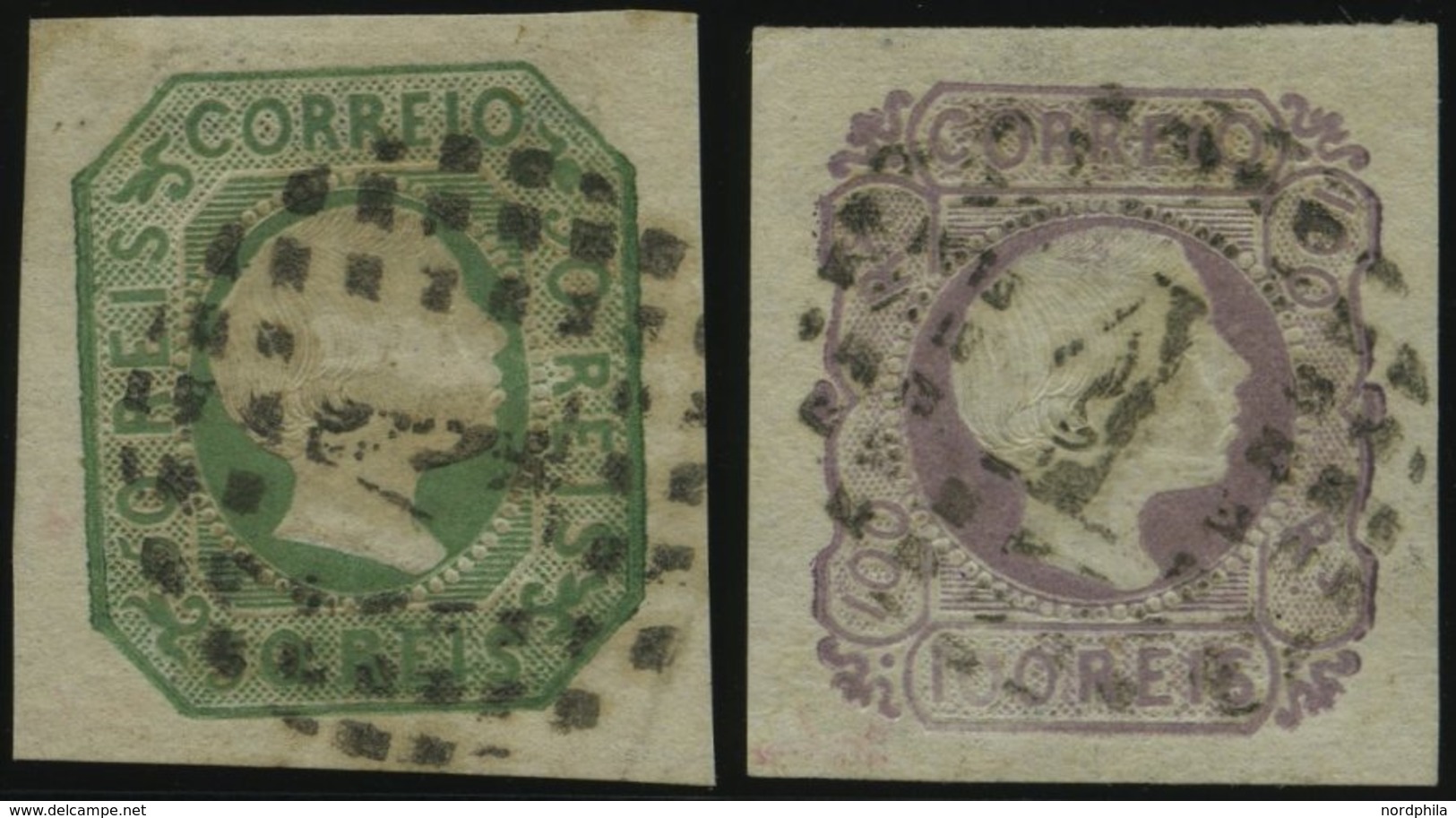 PORTUGAL 7a,8 O, 1855, 50 R. Gelbgrün Und 100 R. Lila, 2 Breitrandige Kabinettwerte, Gepr. Drahn, Mi. (230.-) - Usati