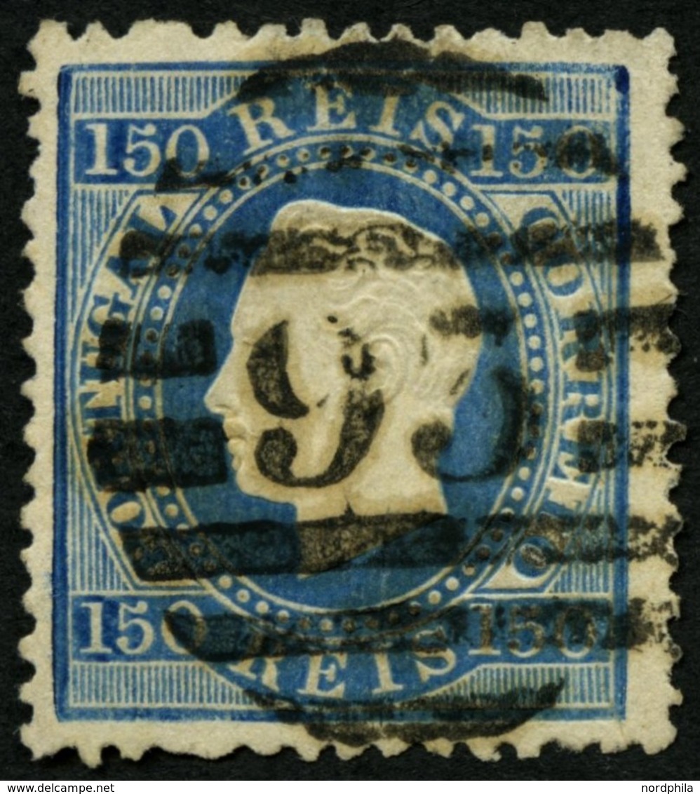 PORTUGAL 43xB O, 1876, 150 R. Mattblau, Gezähnt 121/2, Zentrischer Nummernstempel 93, üblich Gezähnt Pracht, Mi. 160.- - Oblitérés