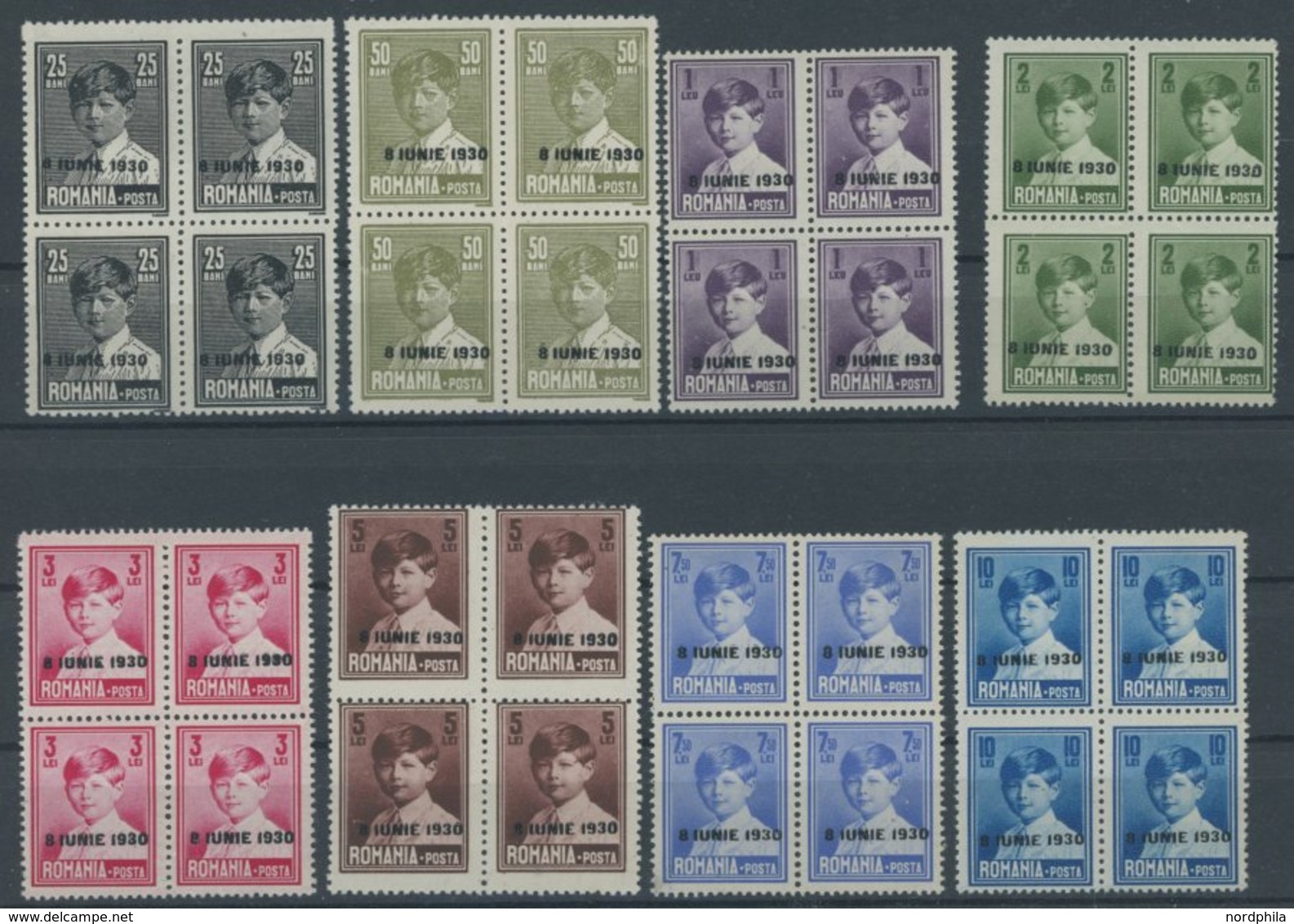 RUMÄNIEN Aus 361-71 VB **, 1930, Thronbesteigung, Ohne Wz., Mit Aufdruck 8. JUNIE 1930, 8 Viererblocks, Postfrisch, Prac - Andere & Zonder Classificatie