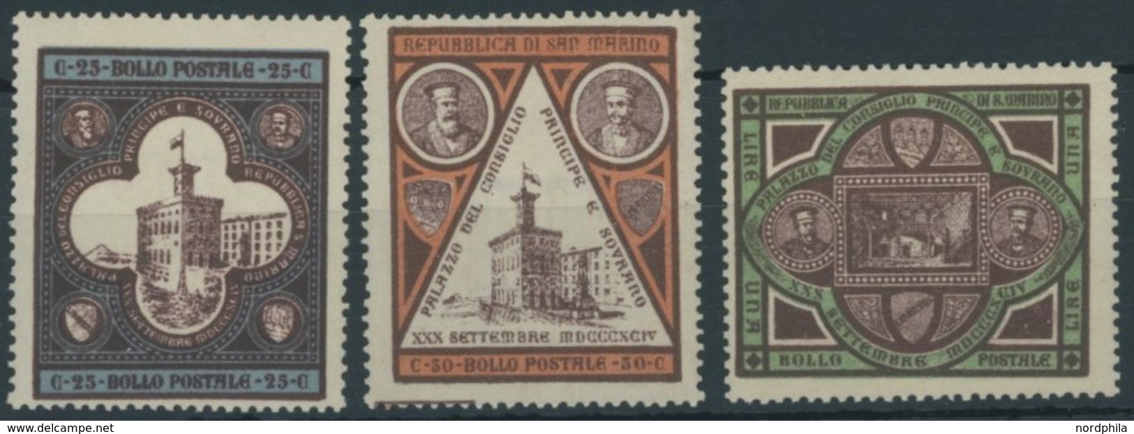 SAN MARINO 23-25 *, 1894, Regierungsgebäude, Falzrest, Prachtsatz, Mi. 70.- - Autres & Non Classés