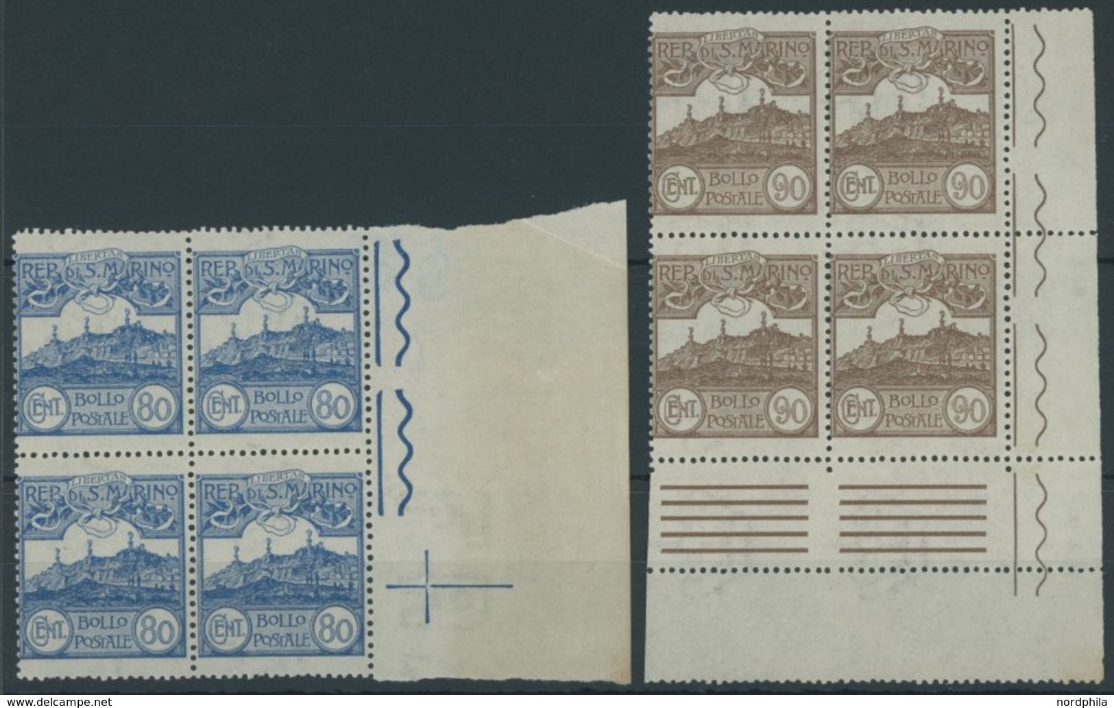 SAN MARINO 77/8 VB **, 1923, 80 C. Blau Und 90 C. Braun In Eckrandviererblocks, Postfrisch, Pracht - Andere & Zonder Classificatie