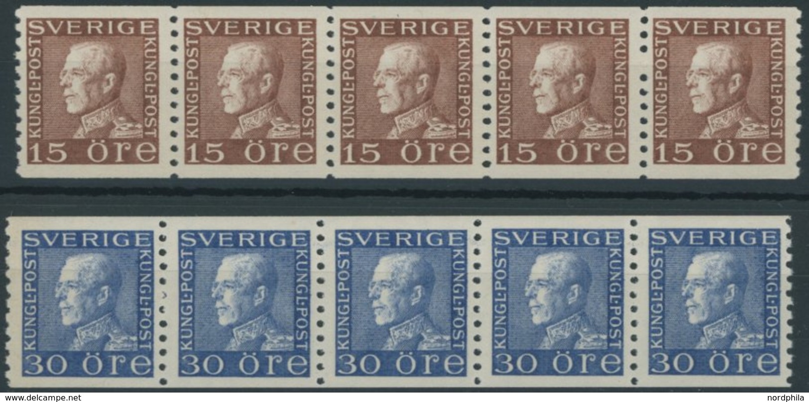 SCHWEDEN 180IIWA,187IIWA **, 1934/6, 15 Ö. Braun, Senkrecht Gezähnt Und 35 Ö. Ultramarin, Weißes Papier, Je Im Fünferstr - Prefilatelia